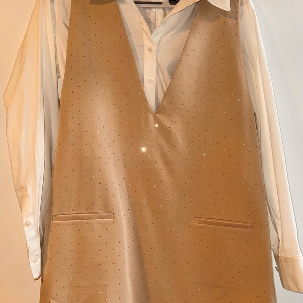 BCBG Tan Sleeveless Dress with White Shirt